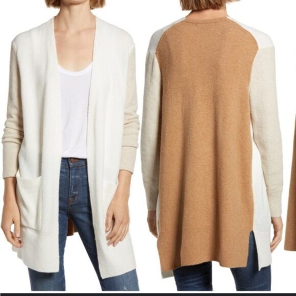 Madewell Sweaters - Madewell womens size medium Tan Cream Colorblock Open Front Cardigan Sweater